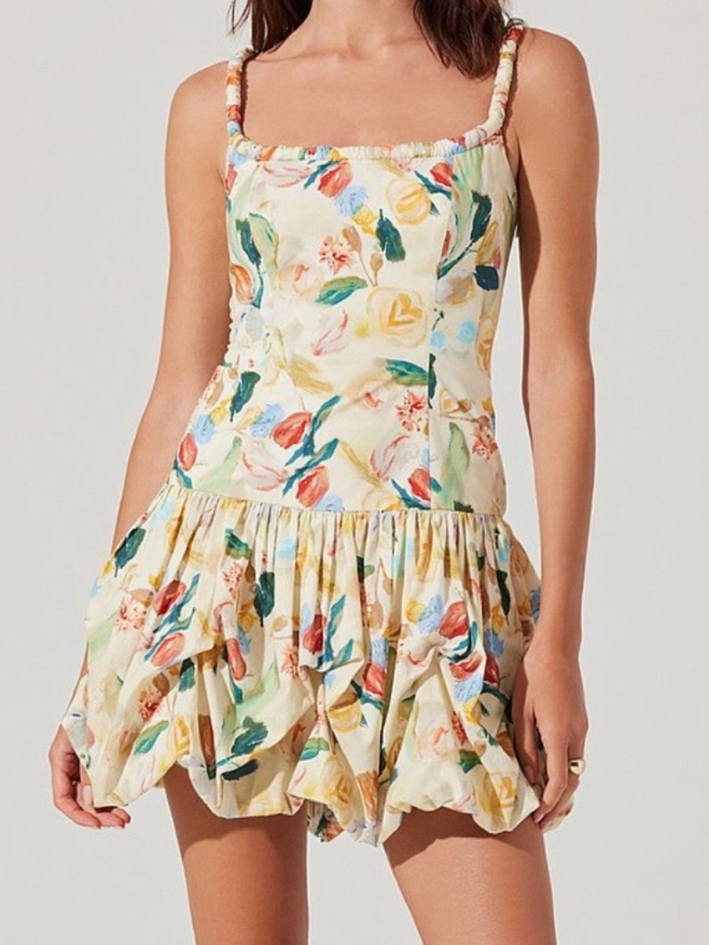 🆕 🌼🌿ASTR The Label Yellow Green Floral Bubble Hem Mini Dress Size M Casual Chic